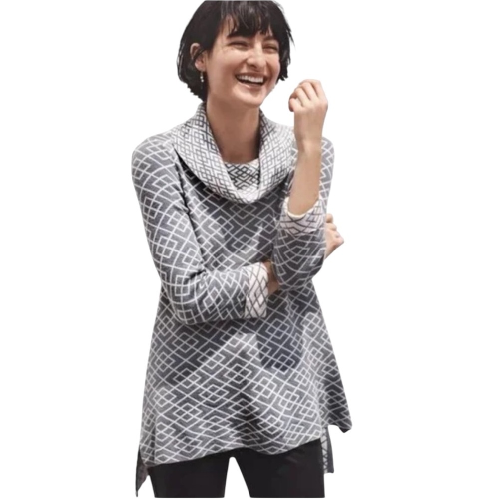 Anthropologie Moth Galena Gray Print Cowlneck Alpaca Blend Tunic Sweater Size S